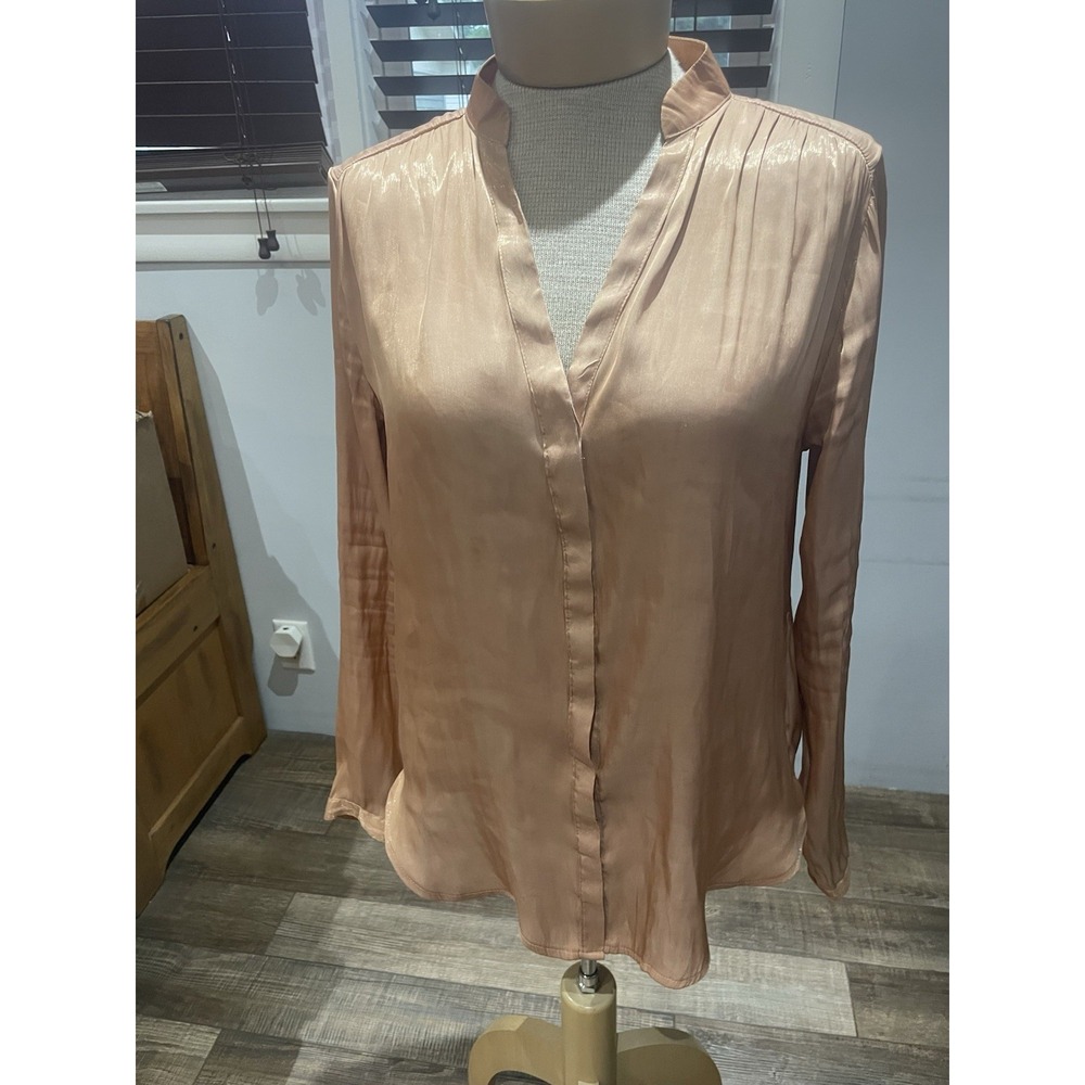 H&M Semi Sheer Peachy Tan High Low Long Sleeve Button Up Shirt 8 Old Money Chic
